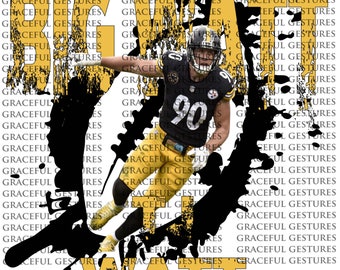 Könnte beinhalten: Grafikdesign mit einem Footballspieler in einem schwarz-goldenen Trikot, Nummer 90, mit dem Namen "BIG WATT" in Gelb. Der Hintergrund enthält die Worte "GRACEFUL GESTURES" in einem sich wiederholenden Muster, mit schwarzen Farbstrichen.