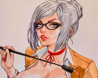 MATURE Original Watercolor Painting Curvy Dominatrix Teacher 11x15” by MelonsandCurves