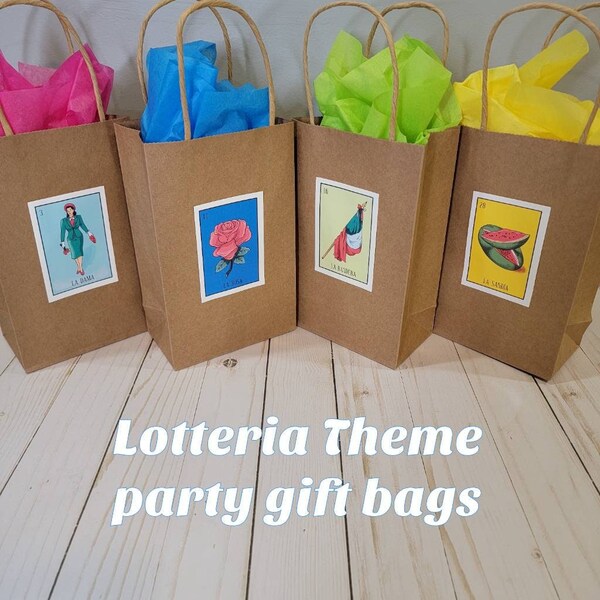 Loteria party favor bags, with detachable sticker, birthday gift bags, goodie bags, birthday treat bags, loteria stickers, loteria decals