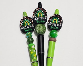 Custom beaded lucky teacher pens, lucky green pen, refillable ink, gift