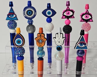 Custom beaded evil eye pens, ojo malo, gifts, refillable ink