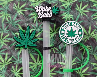 Wake and bake, don't panic it's organic straw toppers, tumbler accessories, party favors, gift