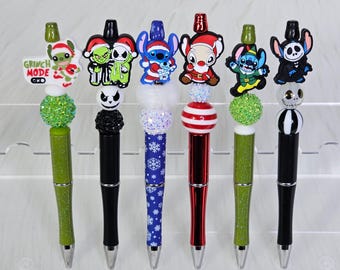 Christmas Character Custom Beaded Pens, Santa, Elf, Holiday Pens, Stocking Stuffers, Gifts,