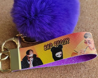 Bad Bunny Keychain, Keyfob, 4.5 inches, faux leather