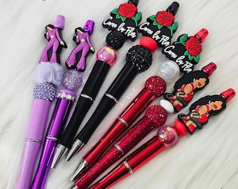 Custom Tex Mex rhinestone beaded pens, La Reina, artist, chrome, rose, spanish, party favors, gifts, refillable ink