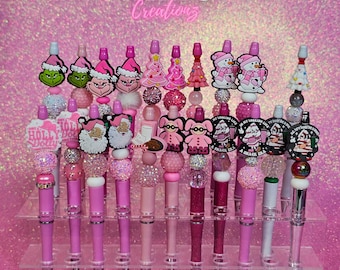 Pink Custom Beaded Christmas pens, 21 styles,mean One, Mode On, Santa, Pink Christmas, Tree, Holiday, Funny, Party Favors, Holiday Gifts