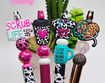Custom beaded nurse pens, medical pens, scrubs, graduation, coffee, cheetah print, cow print, gifts