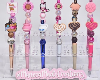 Custom beaded concha pens, pan dulce, cantaritos, jarritos, chisme, cafecito, coffee, puerquito, pens, party favors, gift, refillable ink