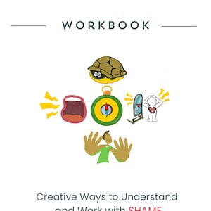 以下が含まれることがあります： ジョセリン・フィッツジェラルド著「Creative Ways to Understand and Work with SHAME」というワークブック。表紙には、カメ、コンパス、叫んでいる人、鏡、そして心が壊れた人のイラストが描かれています。