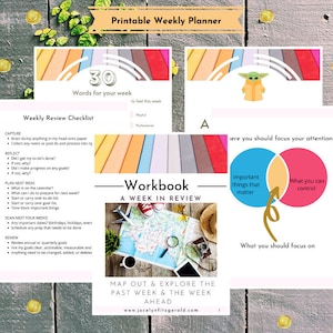May include: A printable weekly planner with a checklist for reviewing the past week and planning for the next week. The planner includes a section for capturing thoughts, reflecting on progress, and scanning upcoming events. The design features a colorful map and a quote about exploring the past week and the week ahead.