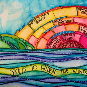 May include: A colorful illustration of a sunrise over a body of water with the words "Skills to Widen the Window" written below. The sunrise is divided into sections with different coping skills written in each section, including "Noticing Our 5 Senses", "Guided Visualization", "Counting Breath", "Breath Work", "Mindfulness", "Progressive Muscle Relaxation", and "Stop & Notice Feelings".