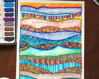 Layered Art and Values Packet Therapy tools to create calm and relaxation, exploring words and combining ideas (Plus a blank coloring sheet)