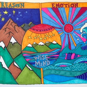 May include: A hand-drawn illustration depicting the concepts of reason and emotion. The left side of the image is a night sky with mountains and stars, labeled "Reason". The right side of the image is a bright, colorful sky with a sun and waves, labeled "Emotion". The center of the image features a body of water with mountains and stars, and the words "Wise Mind" written in a stylized font.