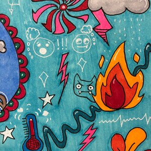 May include: A colorful and whimsical illustration featuring a swirling candy cane, a lightning bolt, a cloud with rain, a flame, a thermometer, a wavy line, and a star. The background is a bright turquoise blue.