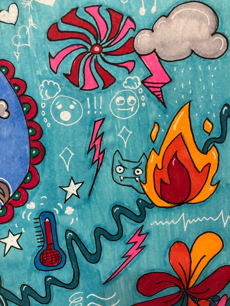 May include: A colorful and whimsical illustration featuring a swirling candy cane, a lightning bolt, a cloud with rain, a flame, a thermometer, a wavy line, and a star. The background is a bright turquoise blue.