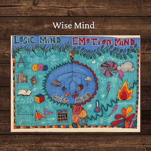 May include: A colorful illustration depicting the concept of a "Wise Mind" with two sides: "Logic Mind" and "Emotion Mind". The Logic Mind side features symbols like a compass, math equations, and books, while the Emotion Mind side shows hearts, musical notes, and a flame.