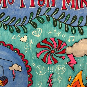May include: A colorful illustration with the words "MoTi on MinD" in red and white lettering. The background is a teal blue with green vines and white doodles including hearts, stars, lightning bolts, and musical notes.