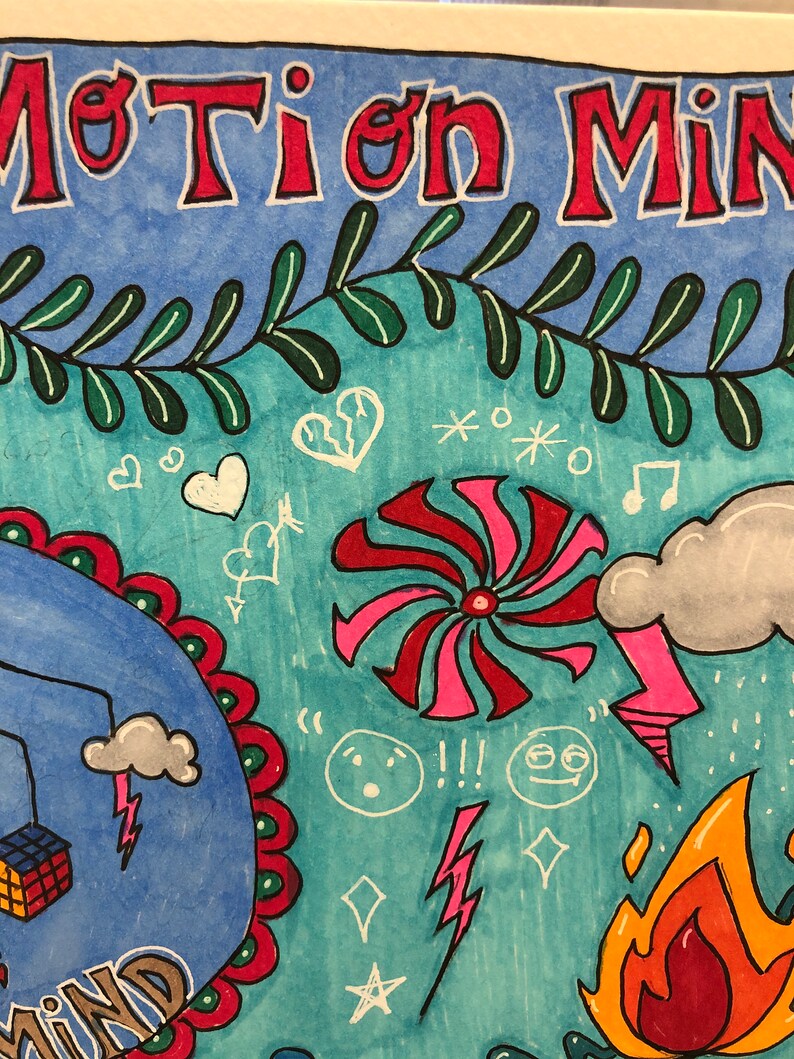 May include: A colorful illustration with the words "MoTi on MinD" in red and white lettering. The background is a teal blue with green vines and white doodles including hearts, stars, lightning bolts, and musical notes.