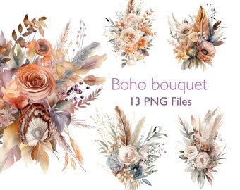 Boho Flower Clip art Bouquet flower Clip art elements, watercolor art flower graphics for planner, wedding invitation junk journal