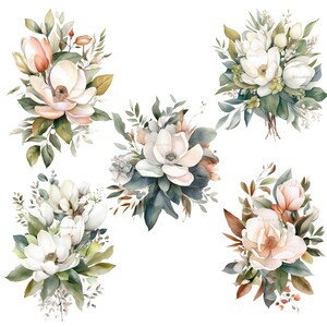K&ouml;nnte beinhalten: Aquarell-Blumenarrangements mit Magnolienbl&uuml;ten in Wei&szlig;-, Creme- und Pfirsicht&ouml;nen, akzentuiert durch gr&uuml;nes Laub. Die Bouquets variieren in Gr&ouml;&szlig;e und Zusammensetzung, einige zeigen offene Bl&uuml;ten, andere Knospen.