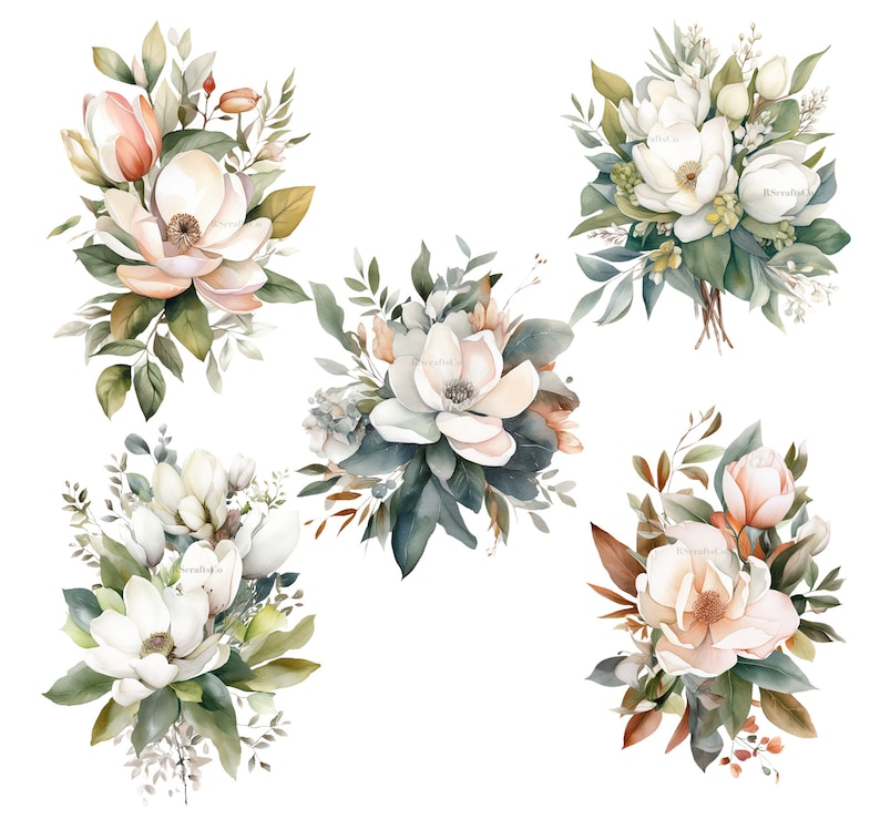 K&ouml;nnte beinhalten: Aquarell-Blumenarrangements mit Magnolienbl&uuml;ten in Wei&szlig;-, Creme- und Pfirsicht&ouml;nen, akzentuiert durch gr&uuml;nes Laub. Die Bouquets variieren in Gr&ouml;&szlig;e und Zusammensetzung, einige zeigen offene Bl&uuml;ten, andere Knospen.