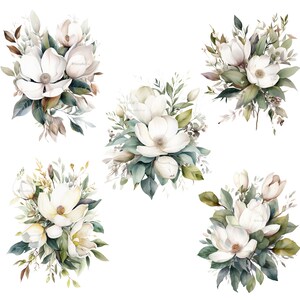 K&ouml;nnte beinhalten: Aquarellillustrationen von wei&szlig;en Magnolienbl&uuml;ten mit gr&uuml;nem und braunem Laub. Die floralen Arrangements sind in verschiedenen Kompositionen, perfekt f&uuml;r botanische Kunst oder Hochzeitseinladungen. Die Blumen haben ein weiches, zartes Aussehen.