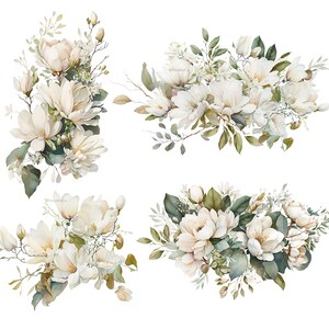 K&ouml;nnte beinhalten: Vier Aquarellarrangements aus wei&szlig;en Magnolienbl&uuml;ten und Gr&uuml;nzeug. Die floralen Designs umfassen Magnolienbl&uuml;ten, Knospen und Bl&auml;tter in verschiedenen Gr&ouml;&szlig;en in Gr&uuml;n- und Wei&szlig;t&ouml;nen, mit einem weichen, k&uuml;nstlerischen Stil.