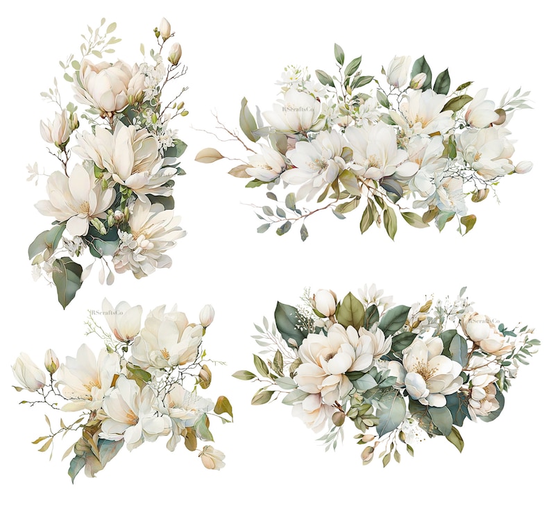 K&ouml;nnte beinhalten: Vier Aquarellarrangements aus wei&szlig;en Magnolienbl&uuml;ten und Gr&uuml;nzeug. Die floralen Designs umfassen Magnolienbl&uuml;ten, Knospen und Bl&auml;tter in verschiedenen Gr&ouml;&szlig;en in Gr&uuml;n- und Wei&szlig;t&ouml;nen, mit einem weichen, k&uuml;nstlerischen Stil.