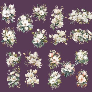 K&ouml;nnte beinhalten: Aquarellillustrationen von wei&szlig;en Magnolienblumenstr&auml;u&szlig;en mit gr&uuml;nen Bl&auml;ttern und Stielen. Die floralen Arrangements sind vor einem dunkelvioletten Hintergrund angeordnet. Das Bild zeigt verschiedene Anordnungen der Blumen.