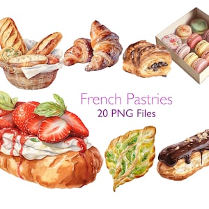 Aquarel gebak clip art elementen, brood clipart, bakkerij graphics voor planner uitnodiging, stickes, junk journals, Frans gebak