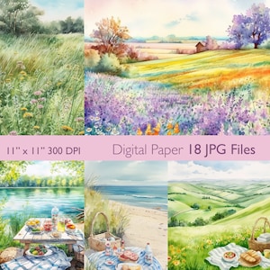 Aquarell Frühling Picknick Szenen Digitales Papier Clipart, Einladungen Hintergrundbild, Junk Journaling, Scrapbooking, druckbares Papier