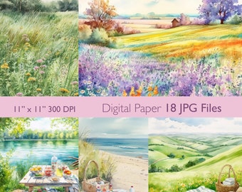 Aquarell Frühling Picknick Szenen Digitales Papier Clipart, Einladungen Hintergrundbild, Junk Journaling, Scrapbooking, druckbares Papier