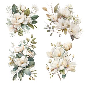 K&ouml;nnte beinhalten: Aquarellillustration von vier Blumenarrangements mit cremewei&szlig;en Bl&uuml;ten, gr&uuml;nen Bl&auml;ttern und zarten Zweigen. Die Bouquets variieren in Gr&ouml;&szlig;e und Zusammensetzung, mit einem weichen, k&uuml;nstlerischen Stil. Der Hintergrund ist schlicht wei&szlig;.