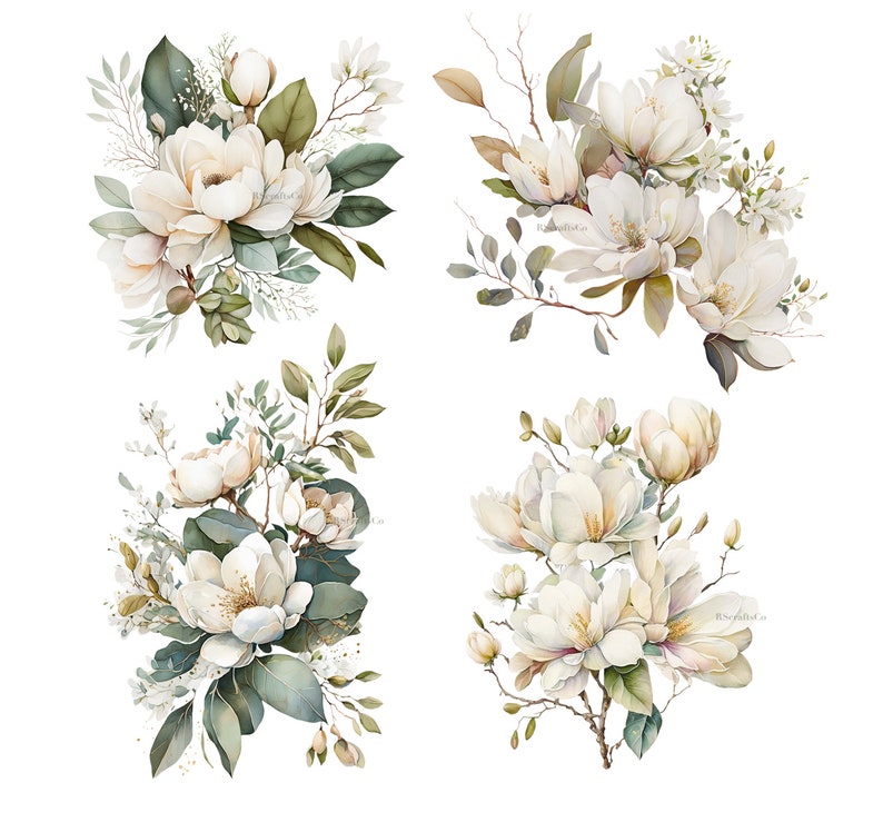 K&ouml;nnte beinhalten: Aquarellillustration von vier Blumenarrangements mit cremewei&szlig;en Bl&uuml;ten, gr&uuml;nen Bl&auml;ttern und zarten Zweigen. Die Bouquets variieren in Gr&ouml;&szlig;e und Zusammensetzung, mit einem weichen, k&uuml;nstlerischen Stil. Der Hintergrund ist schlicht wei&szlig;.