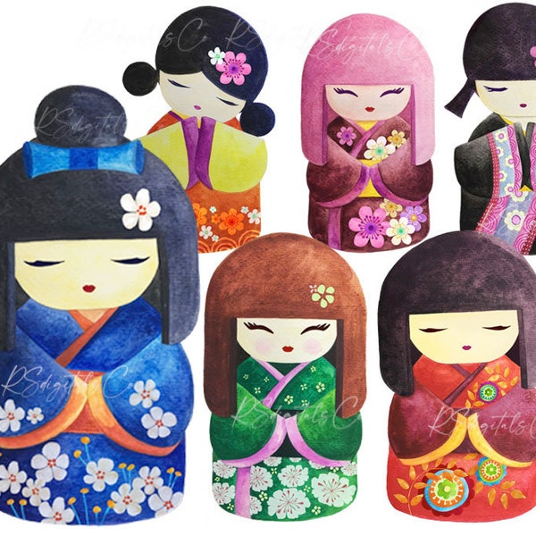 Kokeshi doll Clip art elements / watercolor art / Japanese doll graphics for planner invitation