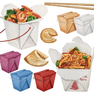Elementi clip art da asporto cinesi / acquerello / grafica alimentare per l'adesivo clipart di invito del pianificatore