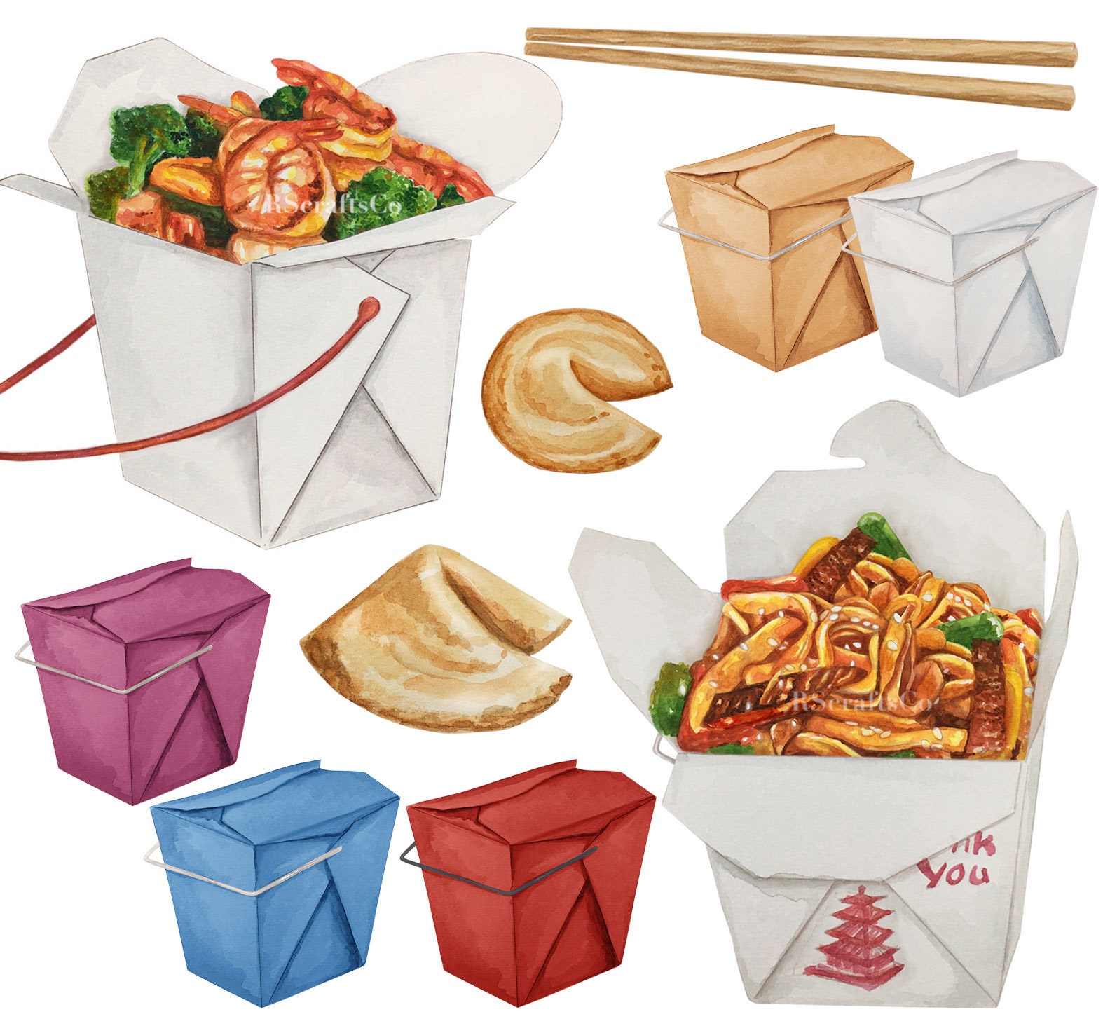 Chinese Takeout Clip Art Elements / Watercolor Art / Food Graphics for