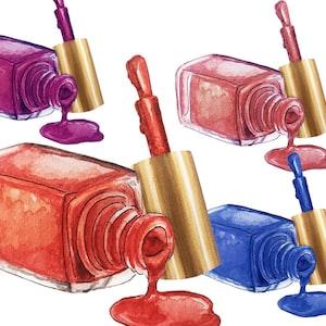 May include: Four bottles of nail polish with gold caps and droppers. The bottles are filled with red, pink, purple, and blue nail polish. The polish is dripping from the bottles.