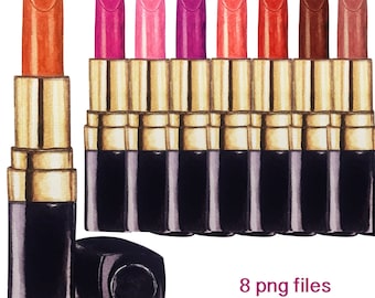 Op de afbeelding: Acht aquarel illustraties van lippenstiftbuizen met verschillende lippenstiftkleuren. De buizen zijn zwart met gouden accenten. De lippenstiftkleuren zijn rood, roze, koraal, bruin en nude.