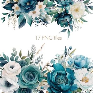 Teal Floral Clipart blau grün Farbe Blume / Clip Art Elemente / Aquarell Kunst / Blumen Bouquet für Planer Einladung / Rose