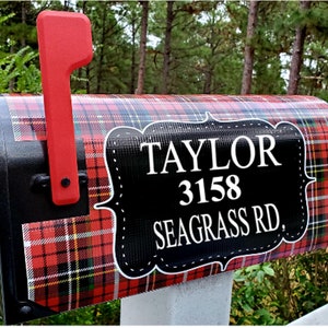 Mailbox Cover, Christmas Mailbox Cover, Plaid Mailbox Wrap, Personalized Name & Address Numbers, Vinyl Mailbox Wrap, Magnetic Mailbox Cover image 1