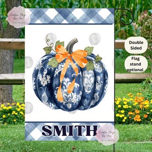 Fall Garden Flag, Fall Welcome Sign,  Toile Pumpkin Flag, Blue Pumpkin Garden Flag, Personalized Fall Flag, Blue Chionosiere Pumpkin Flag