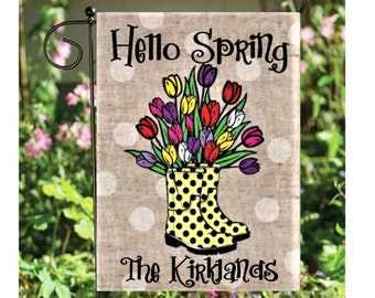 Hello Spring Rain Boot Tulip Garden Flag, Yard Flag, Floral, Tulips, Gardening, Springtime, Rain Boots, Personalized Flag, VINYL Banner
