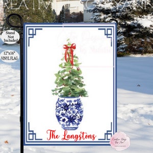 Christmas Flag, Topiary Garden Flag, Chinoiserie Modern Outdoor, Preppy Decor, Ginger Jar ,Winter Flags, VINYL Flag, Merry Christmas Flag