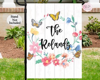 Spring Garden Flag, Butterfly Flag, , New Home,  Personalized Flag,  Welcome Flag, Summer Flag, Vinyl Flag, Butterflies, Butterfly Wreath