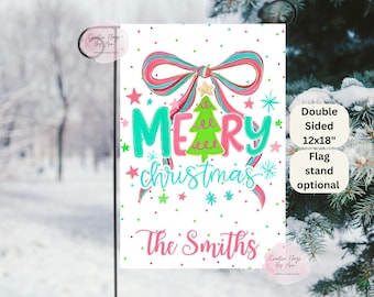 Merry Christmas Garden Flag, Holiday Party ,Christmas Bow Flag , Preppy Christmas, Colorful Christmas, Rainbow Christmas, Personalized Flags