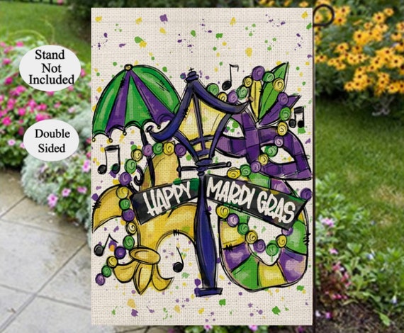 Happy Mardi Gras Flag, Street Parade Flag,  Masquerade Flag, Fleur de Lis Flag , Double Sided Garden Flag, Mardi Gras Party ,Spring Flag