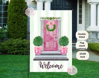 Pink Door Garden Flag, Chinoiserie Topiary Garden Flag, Grand Millennial Outdoor, Welcome Flags, Custom Flag, Preppy Chinoiserie Flag