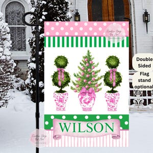 Chinoiserie Christmas Garden Flag, Preppy Christmas Tree  Flag ,Personalized Pink Green Banner ,Custom Holiday Flags, Festive Christmas Flag