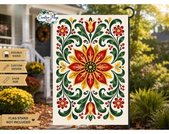 Nordic Folk Art Garden Flag, Scandinavian Floral Garden Flag, Red Yellow Green Folk Art, Fall Garden Decor, 12x18 Yard Flag, Floral Mandala